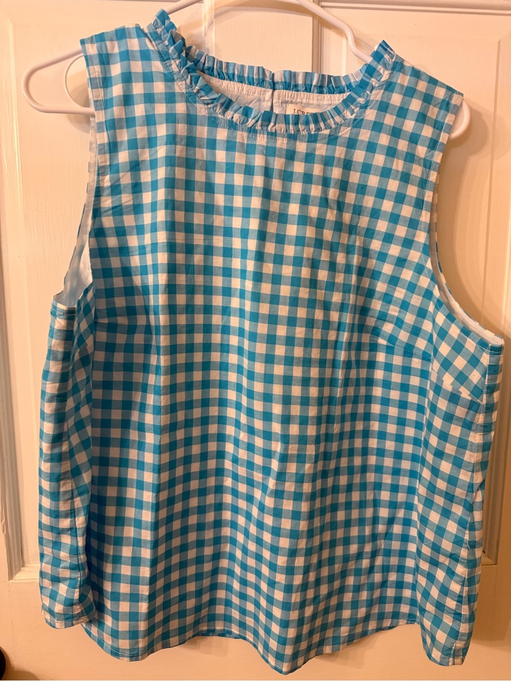 Turquoise and White Gingham Sleeveless Top- NWT Ruffle collar